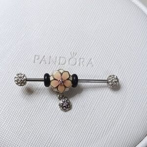 PandoraVintageSilver Pale Pink Cerise Enamel Pink Cz Magnolia Bloom Dangle Charm